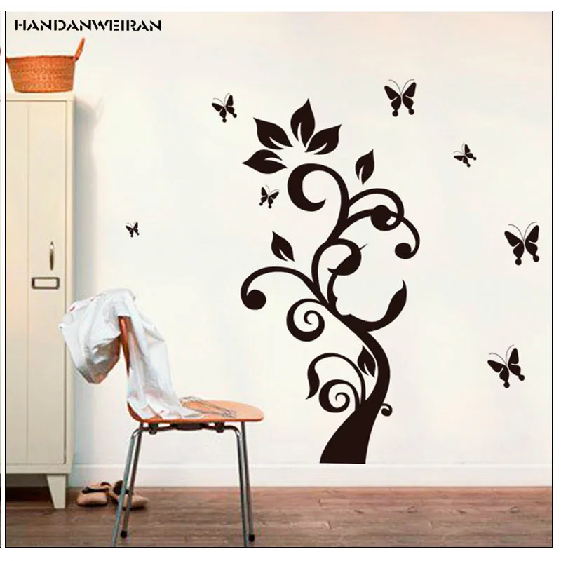 Large Black Rattan Tree Butterfly Wall Stickers For Living Room Vestibule Decorate Decals Removable PVC Home Decorations 60*90CM