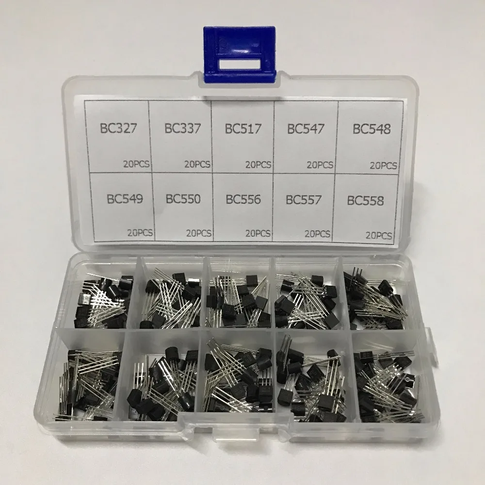 10 values 200pcs BC327 BC558 BC337 BC549 BC550 BC517 BC556 BC547 BC557 BC548 NPN Transistor Assortment Kit Box Pack Set