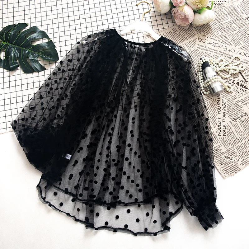 2024 Women O-Neck Lantern Sleeve Pullover Embroidery Polka Dot Voile Basic Shirt Elegant Lady Mesh Gauze Tulle Chic Blouse Tops