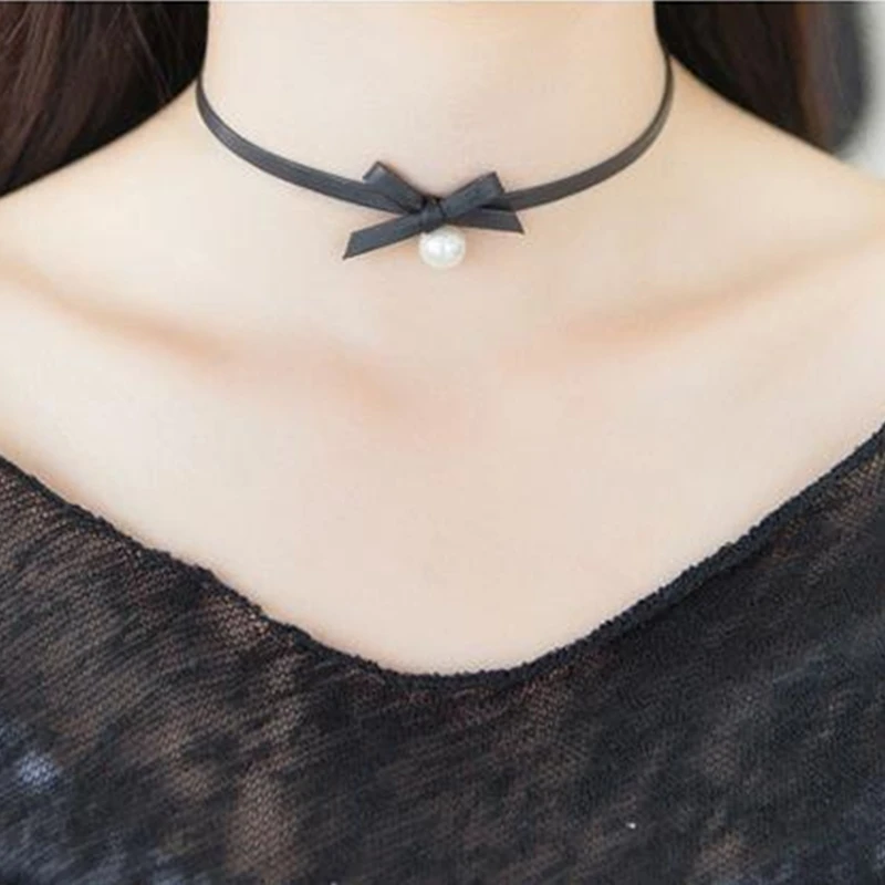 Fashion Japan Style Harajuku Black Bowknot Choker Necklaces For Women Gothic Punk Leather Necklace Female Jewelry Party Gift