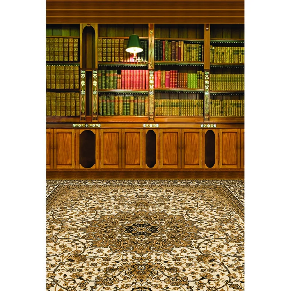 Indoor Room Bookshelf Backdrop Photography Printed Brown Bookcase Books Table Lamp Vintage Carpet Kids Photo Shoot Backgrounds