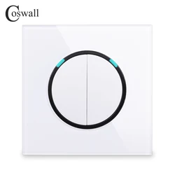 Coswall Crystal Tempered Glass Panel 2 Gang 1 Way Random Click Push On / Off Wall Light Switch With Blue Backlight R11 Series