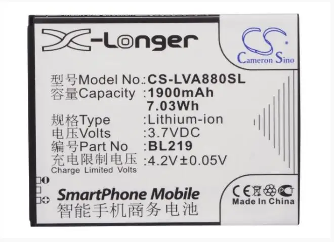 

Аккумулятор Cameron Sino 1900mAh Для LENOVO A388t A880 A889 A916 A916 5,5 "BL219 Mobile, аккумулятор для смартфона