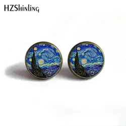 HZShinling Women Stud Earrings Van Gogh Painting The Starry Night Art Paintings Fashion Glass Sunflower Earrings Women HZ4