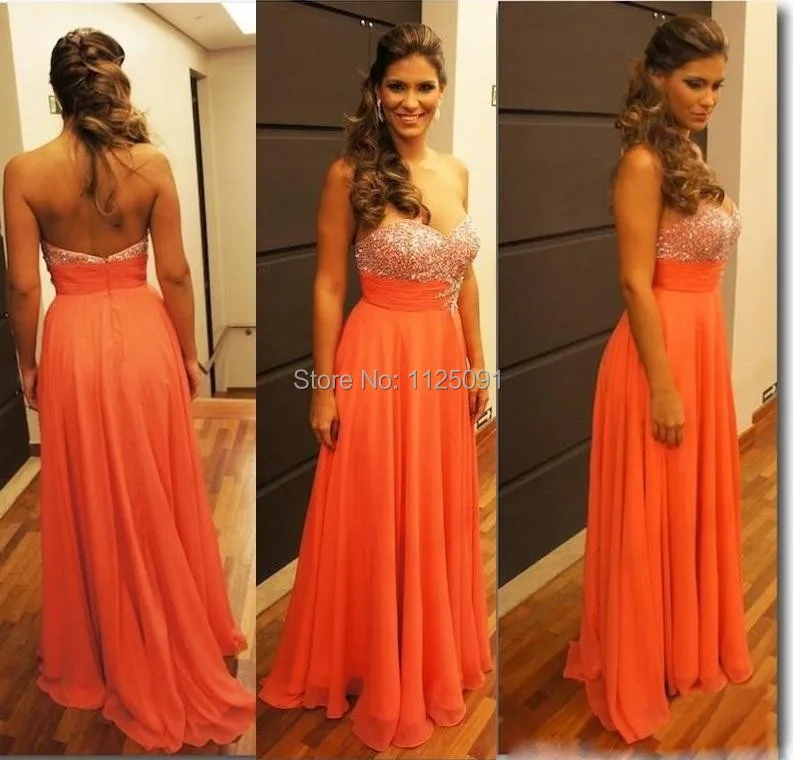 

Orange Long Chiffon Prom Dresses Sequined Beaded A-Line Sweetheart Evening Gown Sexy Backless Formal Dress vestido de festa