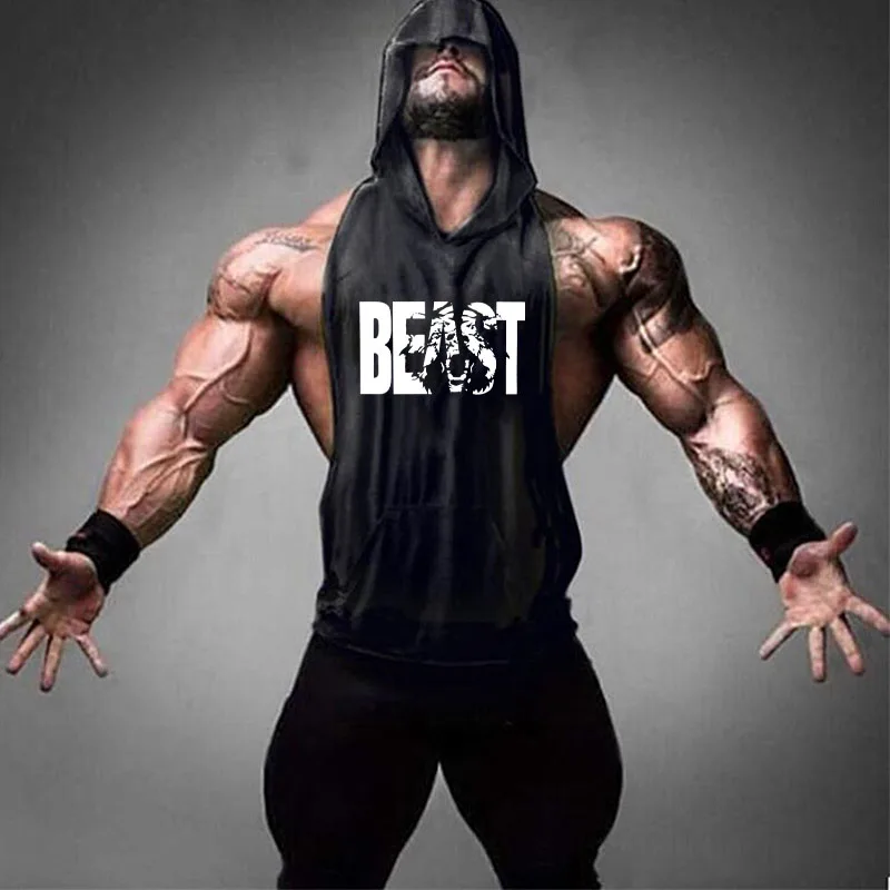 Brand Gym Clothing Fitness Men Cotton Tanktop with hooded Mens Bodybuilding Stringers Tank Tops workout Singlet Sleeveless Shirt