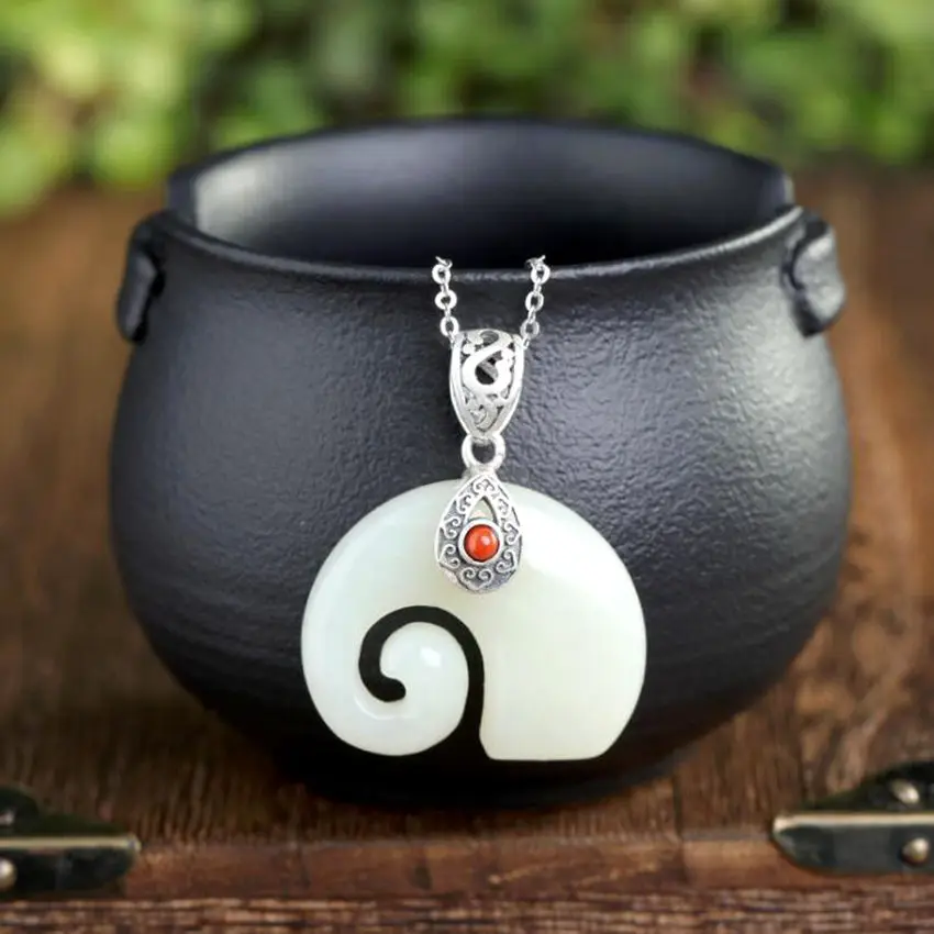 

Real S925 Silver Hand-inlay Natural Hetian White Jade Elephant Theme Women Pendan Lucky Ornaments+Free Necklace+Gift Box