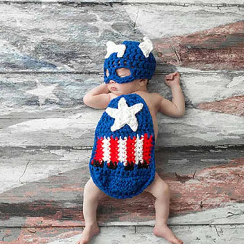 Crochet Pattern Captain America Newborn Photo Prop Outfit Knitted Baby Hat with Cape Handmade Infant Costume Set H231