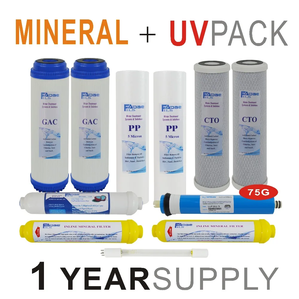 1 Year Supply Mineral Ultraviolet Reverse Osmosis System Replacement Filter Sets -11 Filters with UV Bulb and 75 GPD RO Membrane