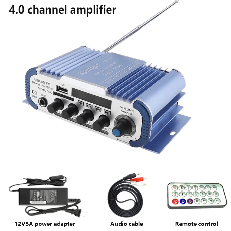 Kentiger HY-604 4.0 Channel Stereo Power Amplifier With 12V5A Adapter And AV Cable USB SD FM Professional Karaoke Amp For Car