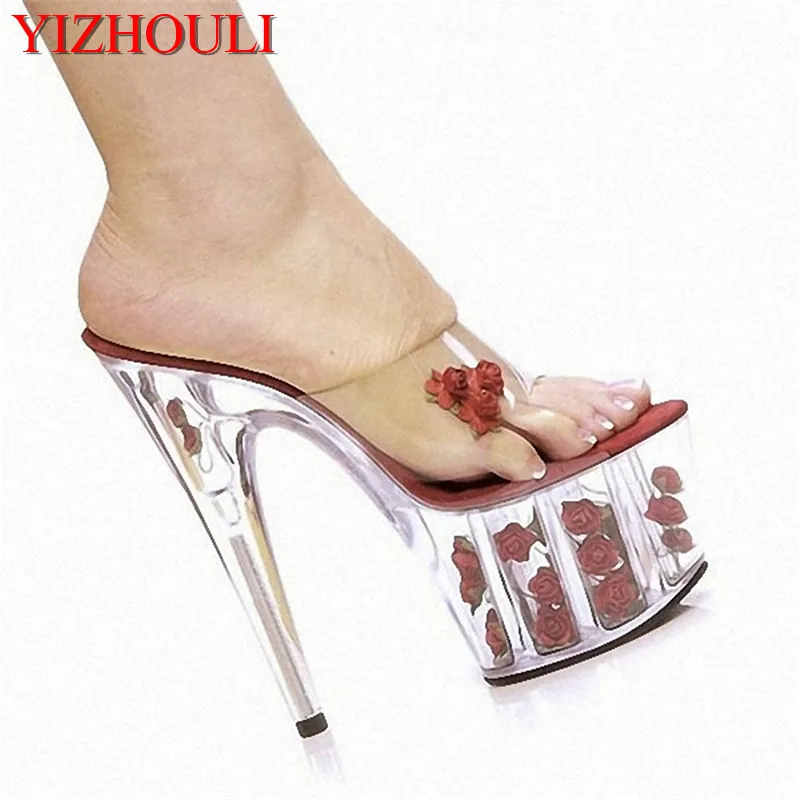 Luxury party star rose decoration, 17cm high heels sandals, / women nightclub stage show slippers