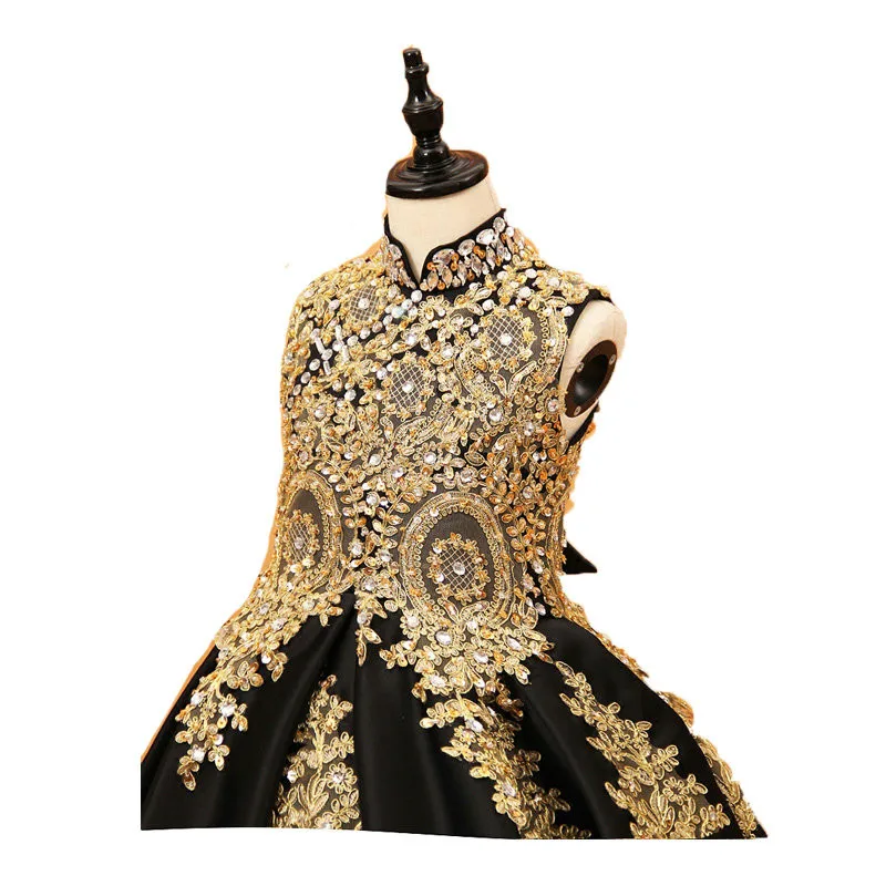 Vestido rosa de flores preto com gola alta, vestido dourado de renda, apliques para baile, roupa de gala, enfeite de casamento