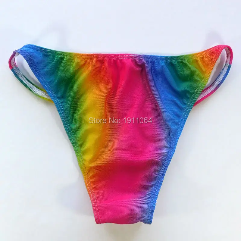 Mens String Bikini Stripe Jersy nylon Spandex G3774 Narrow Waist Rainbow Colors Swimsuit Fabric