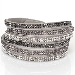 Miasol Double Wrap Velvet Leather 3 Rows Straps Full Pave Crystal Bilingbling Women Girls Bracelets Party Jewelry Gifts