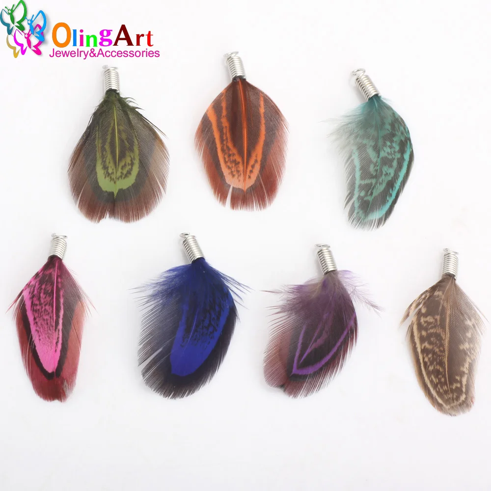 OlingArt 12 unids/lote 35MM patrón Natural plumas multicolores mujeres collar pendientes borlas DIY joyería hacer colgantes delicados