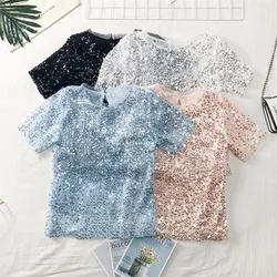 2021 T-Shirt con paillettes da donna di grandi dimensioni Slim o-collo estivo scava fuori camicia a rete manica corta Tees Lady Basic top pullover WZ739