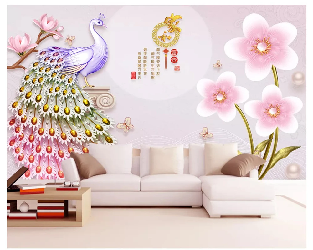 

beibehang Modern fashion wallpaper 3D embossed peacock magnolia TV background decorative painting wall papers home decor tapety