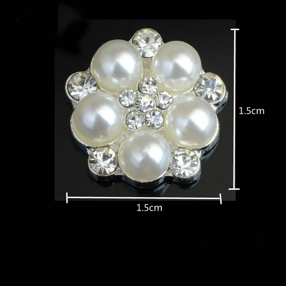 10Pcs/Lot 15mm Flower Rhinestones Pearl Alloy Silver Buttons for Hair Bow DIY Accessories Wedding Decoration Invitation Buttons