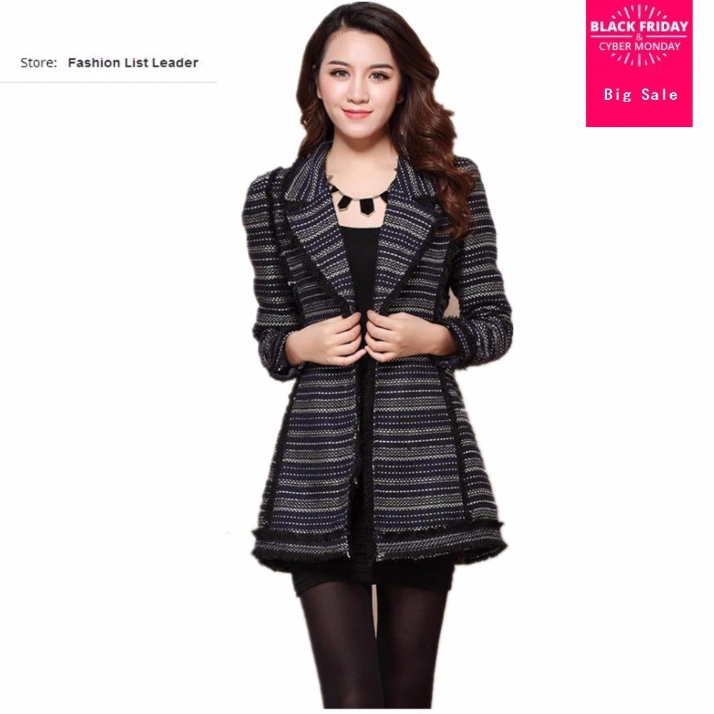 

New Fashion brand Spring autumn Striped small fragrant woolen coat female aristocratic temperament long jacket outwear wj1328