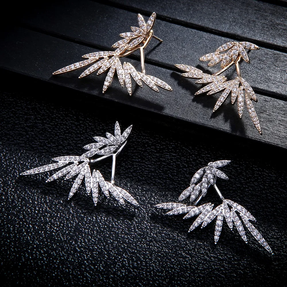 Luxury Elegant Famous Design Leaf Full Mirco Paved Microl Zirconia Wedding Earring Fashion Jewelry E7645