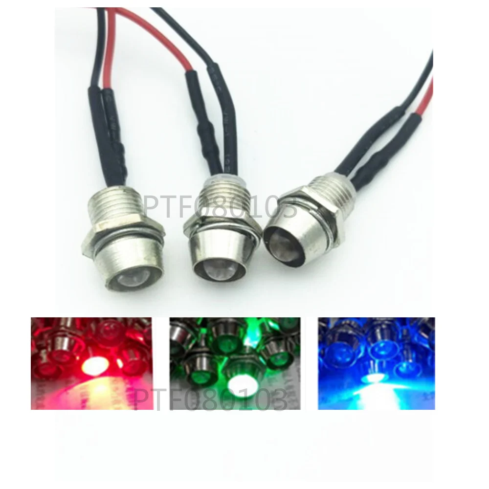 10-100pcs 5mm 12V colorful pre-wired LED Metal Indicator Pilot Dash Light Lamp Wire Leads