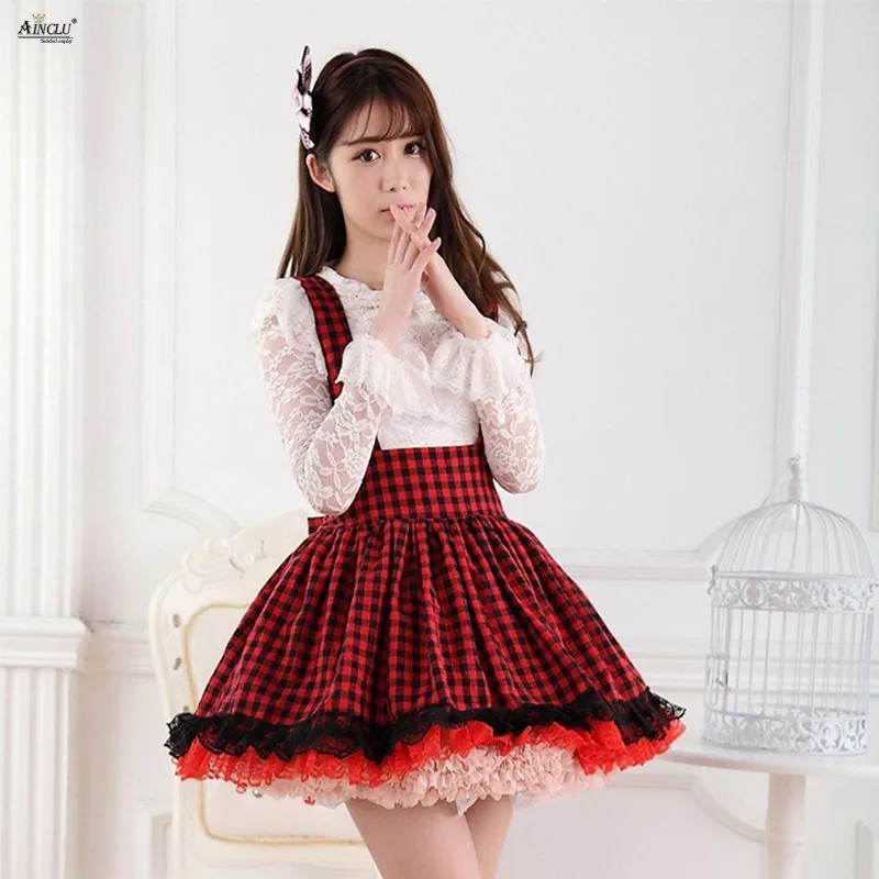 Ainclu Lolita Suspender Skirts Womens Red Plaid Lace Ladylike Goddess Sweet Lolita Skirts XS-XXL Party Club