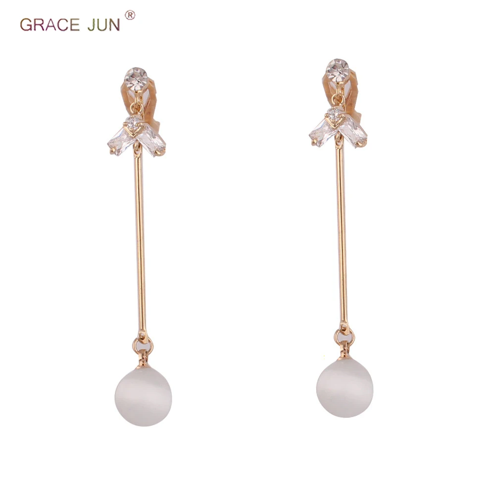 

GRACE JUN Clip on Earrings and Pierced Earrings for Women High Quality Long AAA CZ Opal Stone Charm Jewelry Accessory Good Gift