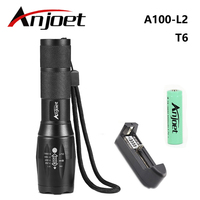 Anjoet SETS A100 LED CREE XM-L2 6000Lumens Torch 5modes Tactical Flashlight Zoomable Flash Light Lamp +18650 Battery + Charger