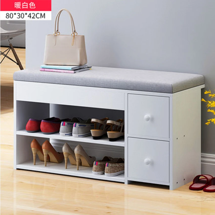 MDF Shoes Cabinet With 2-Drawer Cotton-Flax Cushion Shoe Storage Stool Living Room Shoe Rack Change Shoe Bench Organizer