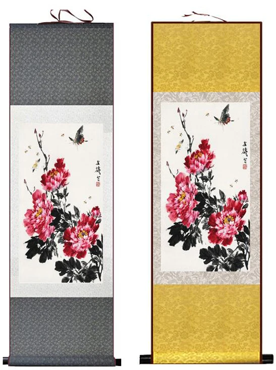 Traditional butterfly  and flower  Painting Home Office Decoration Chinese scroll painting  butterfly and mudan painting