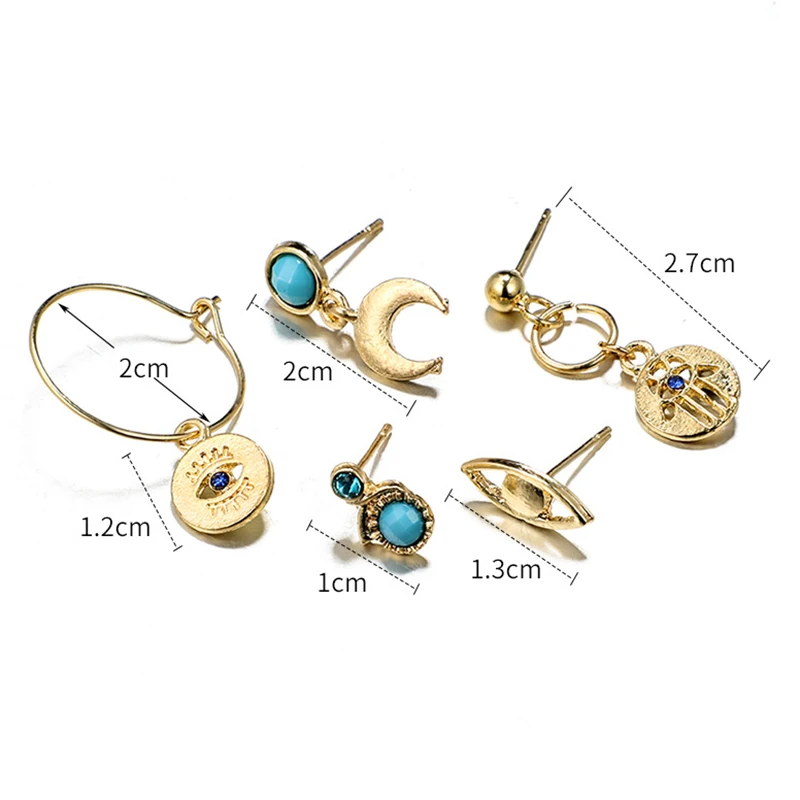 Bohemia Crescent Moon Cross Earrings Set Trend Personality Crystal Geometric Round Eyes Ear Stud Brincos Birthday Jewelry Gift