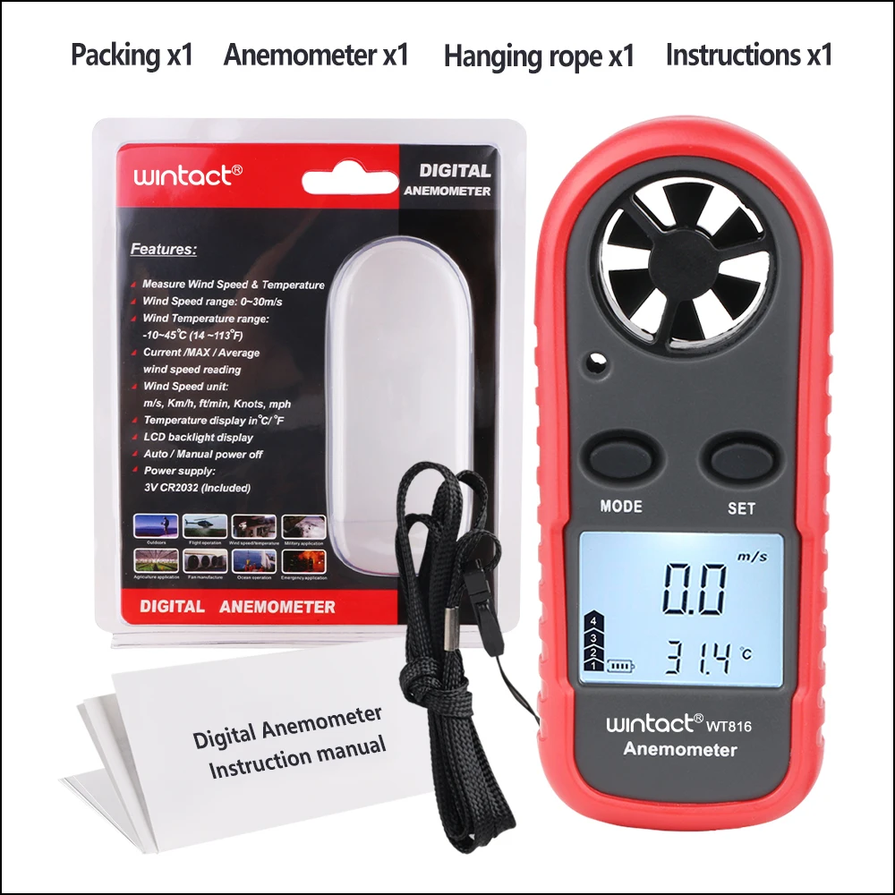 WINTACT Anemometer Thermometer Wind Speed Meter Portable Handheld Windmeter Tester WINTACT 0-30m/s Digital Anemometer Sensor