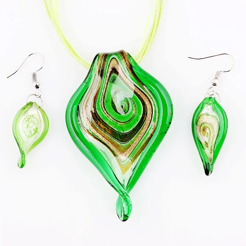QianBei Wholesale Bulk 6sets Murano Lampwork Glass Big Leaves Pendant Beauty Charms Necklace Earrings For Women Gift