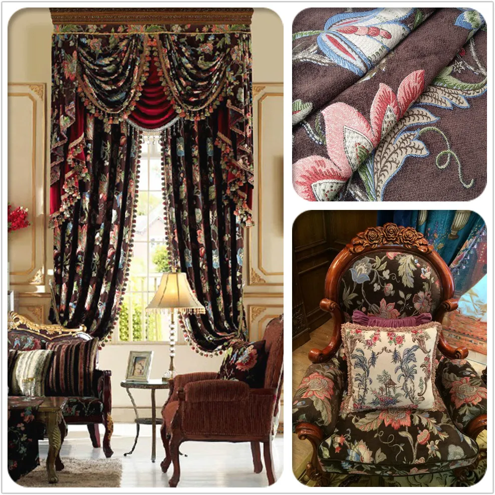 

Luxurious American Floral Brown Jacquard Woven Chenille Viscose Polyester Sofa Curtain Drapery Fabric 280cm width Sell by meter