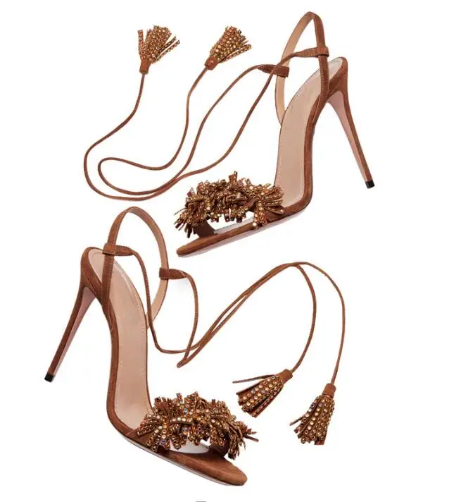 

Carpaton Fashion Crystal Embellished Suede Fringed High Heel Sandals Summer Open Toe Sexy lace-up Thin Heels Shoes Brown