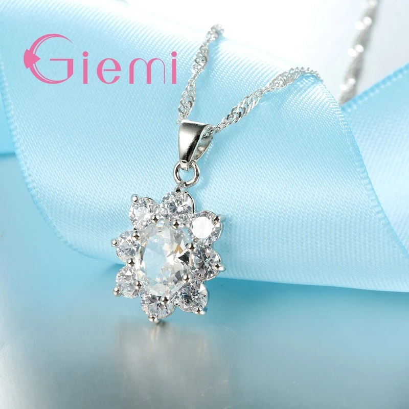 New Fashion   Silever Shiny Crystal Gifts Suit For Women Girls Pendant Necklace Hoop Earrings Jewelry Sets Bijoux