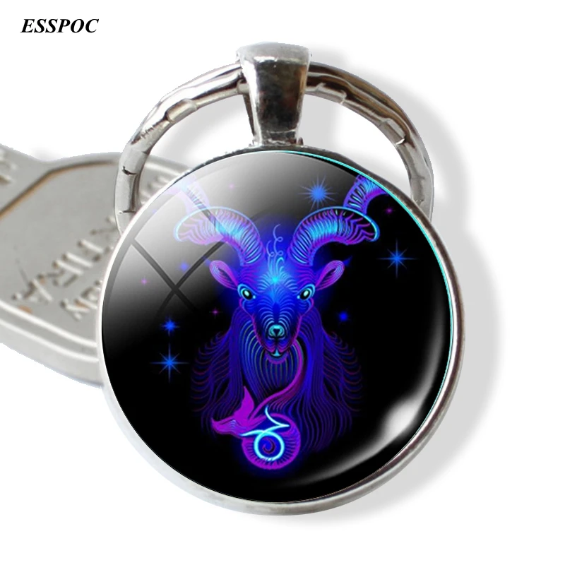 12 Constellation Leo Virgo Key Chains Glass Cabochon Pendant Zodiac Sign Key Rings Bag Pendant Keychain Birthday Gift