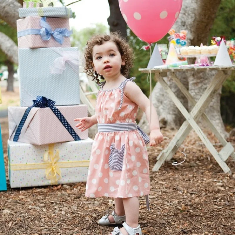 Summer Polka Dot Pink Baby Girls Dress Children Vestidos Sleeveless Brace Dresses Girl Clothes 90 100 110 120 Stripe Pocket