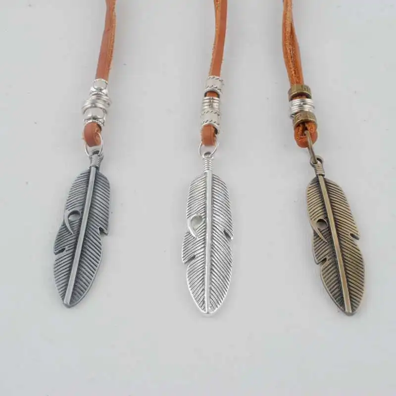 New Collares Necklaces Cool Rock Feathers Pendant Genuine Leather Long Chain Vintage Design image 5