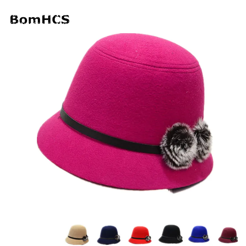 BomHCS All-match Winter Warm Bucket Hat Fedoras Women Fashion Princess Wool-like Hat 16920MZ1