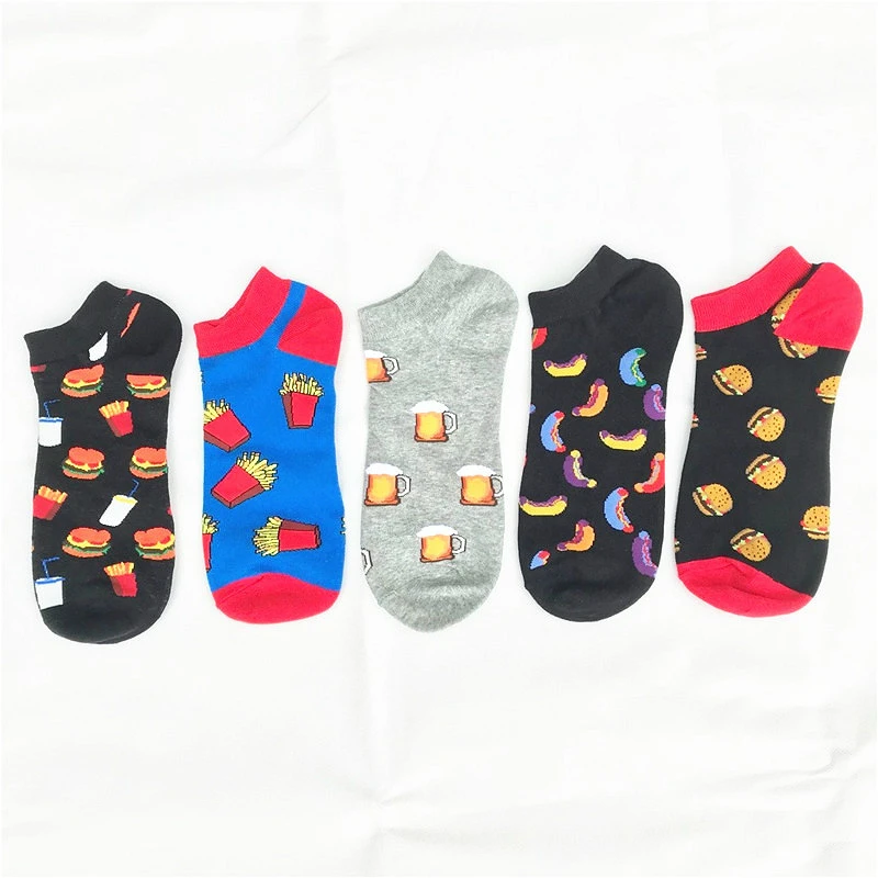 PEONFLY Funny Hamburger Beer Printed Socks Men Cotton Socks Invisible Slippers Male Shallow Mouth Ankle Sock Casual High Quality