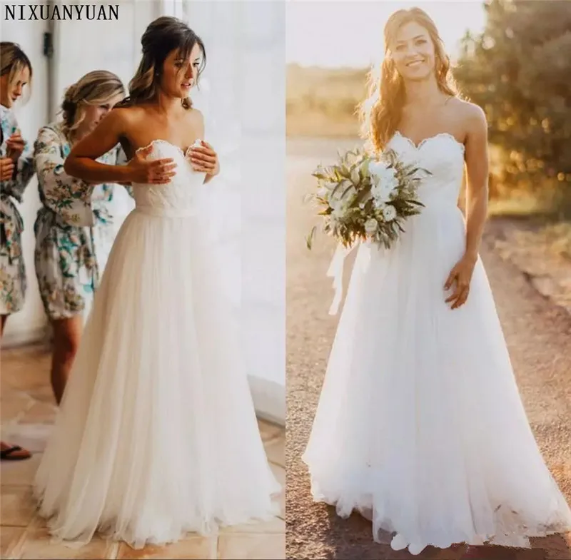 

2022 Beach Wedding Dress A Line Sweetheart Vestido Noiva Praia Simple White Tulle Casamento Sashes Bridal Gown Custom Made