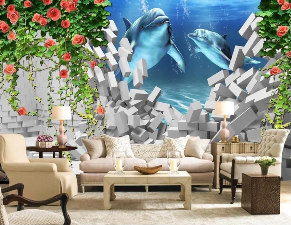 

3d Photo Wallpaper Rose dolphin 3d Wallpaper Mural For Walls Living room Bedroom Mural de parede 3d