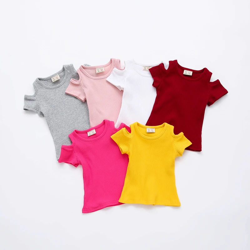 Summer Baby Girls Candy Color Off-shoulder Short Sleeved Kids T-shirt Cotton Clothes Tops Cute New