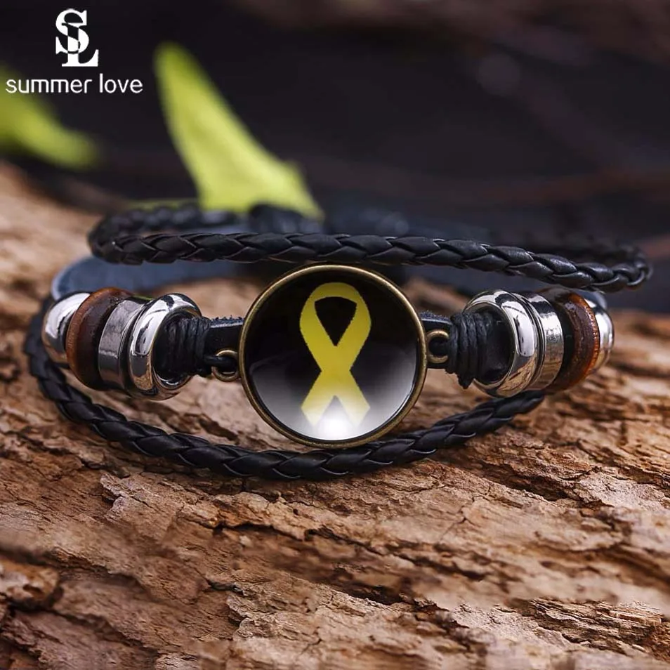 New Vintage Multilayer Bracelet Breast Cancer Awareness Cure Cancer Yellow Ribbon Leather Bracelets Women Jewelry