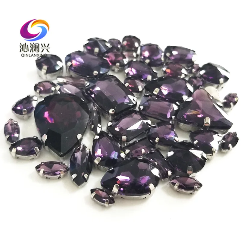 68pcs/bag Deep Purple Mix Size Top Glass Crystal Rhinestones, Mix Shape Sew on Stones for Needlework Diy/Clothing Accessories