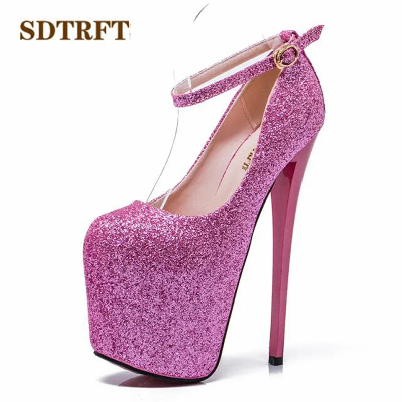 SDTRFT Crossdresser Stiletto 20cm thin high heels Female Shoes woman Round Toe Sequined Platform wedding Pumps Plus:47 48 49 50