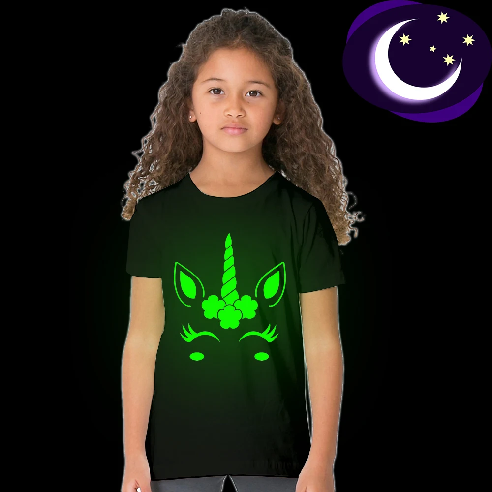 Unicorn Glow In Dark Kids T Shirt Luminous Children Summer Tshirt Toddler Girl T-shirt 2 3 4 5 6 7 8 9 10 11 12 Years 49D2 49D3