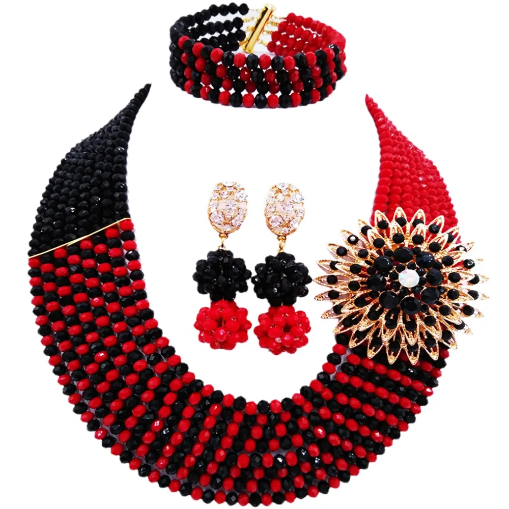 Pretty Opaque Red and Black African Beads Jewelry Set Crystal Necklace Jewelry Sets 8JBK01