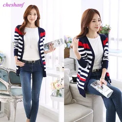 2021 New Fashion Women Spring Autumn Slim Sweater Cardigan V-Neck Medium-Long Stripe Cardigan Women Knitted Outerwear Female